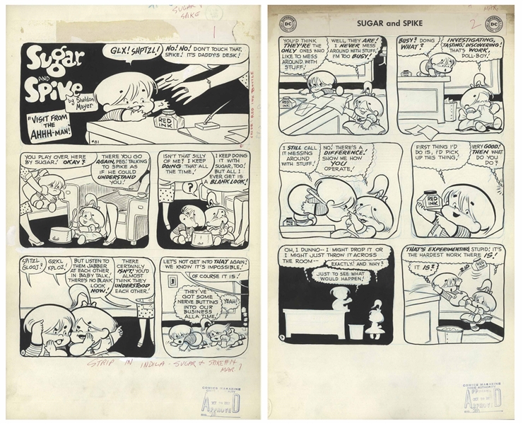 Sheldon Mayer Original Hand-Drawn ''Sugar and Spike'' Comic Book -- 15 Pages From the March 1958 Issue #14 -- Sugar and Spike Get a Visit From the Doctor!